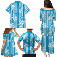 Hawaii Kakau Tribal Family Matching Puletasi and Hawaiian Shirt With Blue Tiare