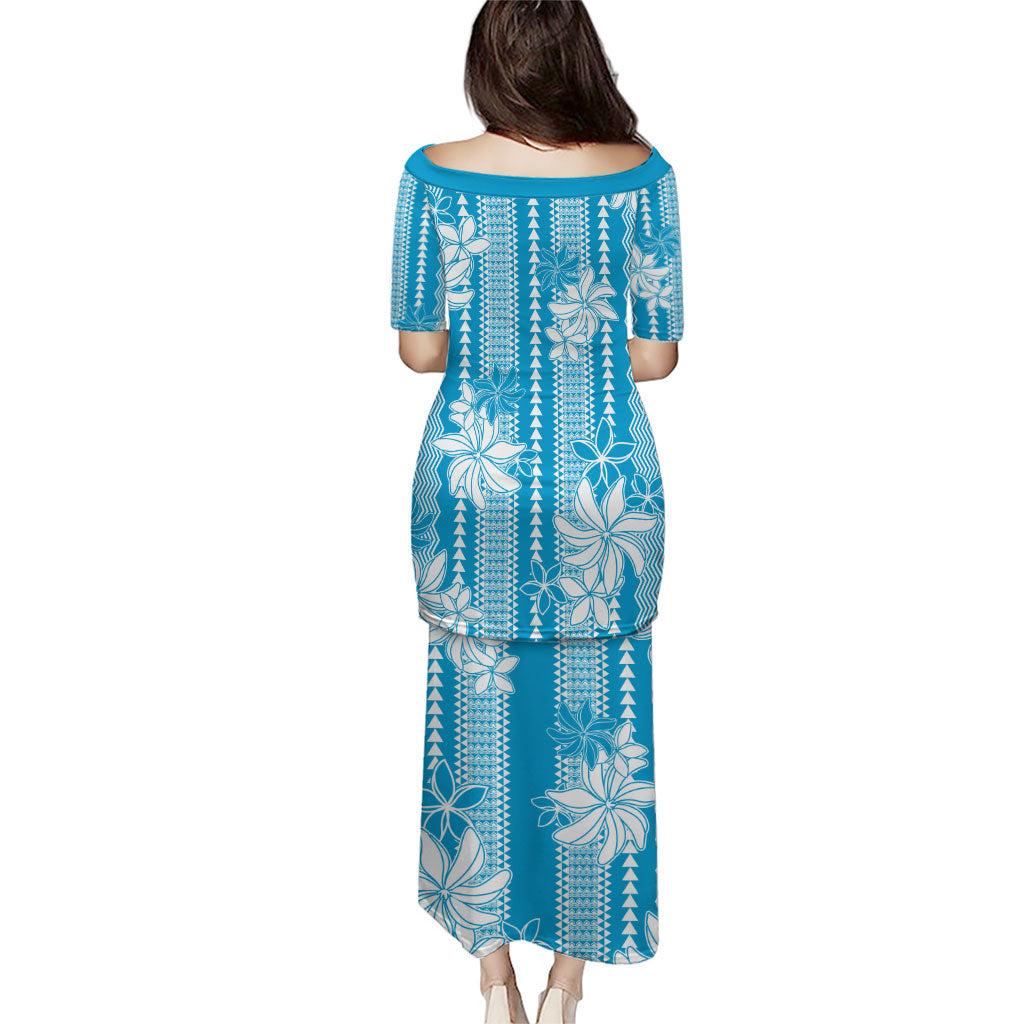 Hawaii Kakau Tribal Family Matching Puletasi and Hawaiian Shirt With Blue Tiare