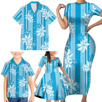 Hawaii Kakau Tribal Family Matching Short Sleeve Bodycon Dress and Hawaiian Shirt With Blue Tiare