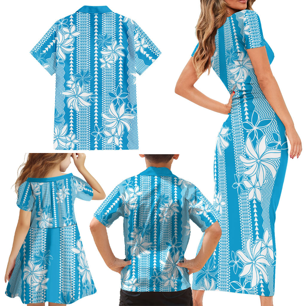 Hawaii Kakau Tribal Family Matching Short Sleeve Bodycon Dress and Hawaiian Shirt With Blue Tiare