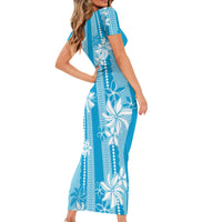 Hawaii Kakau Tribal Family Matching Short Sleeve Bodycon Dress and Hawaiian Shirt With Blue Tiare