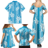 Hawaii Kakau Tribal Family Matching Summer Maxi Dress and Hawaiian Shirt With Blue Tiare