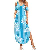 Hawaii Kakau Tribal Family Matching Summer Maxi Dress and Hawaiian Shirt With Blue Tiare