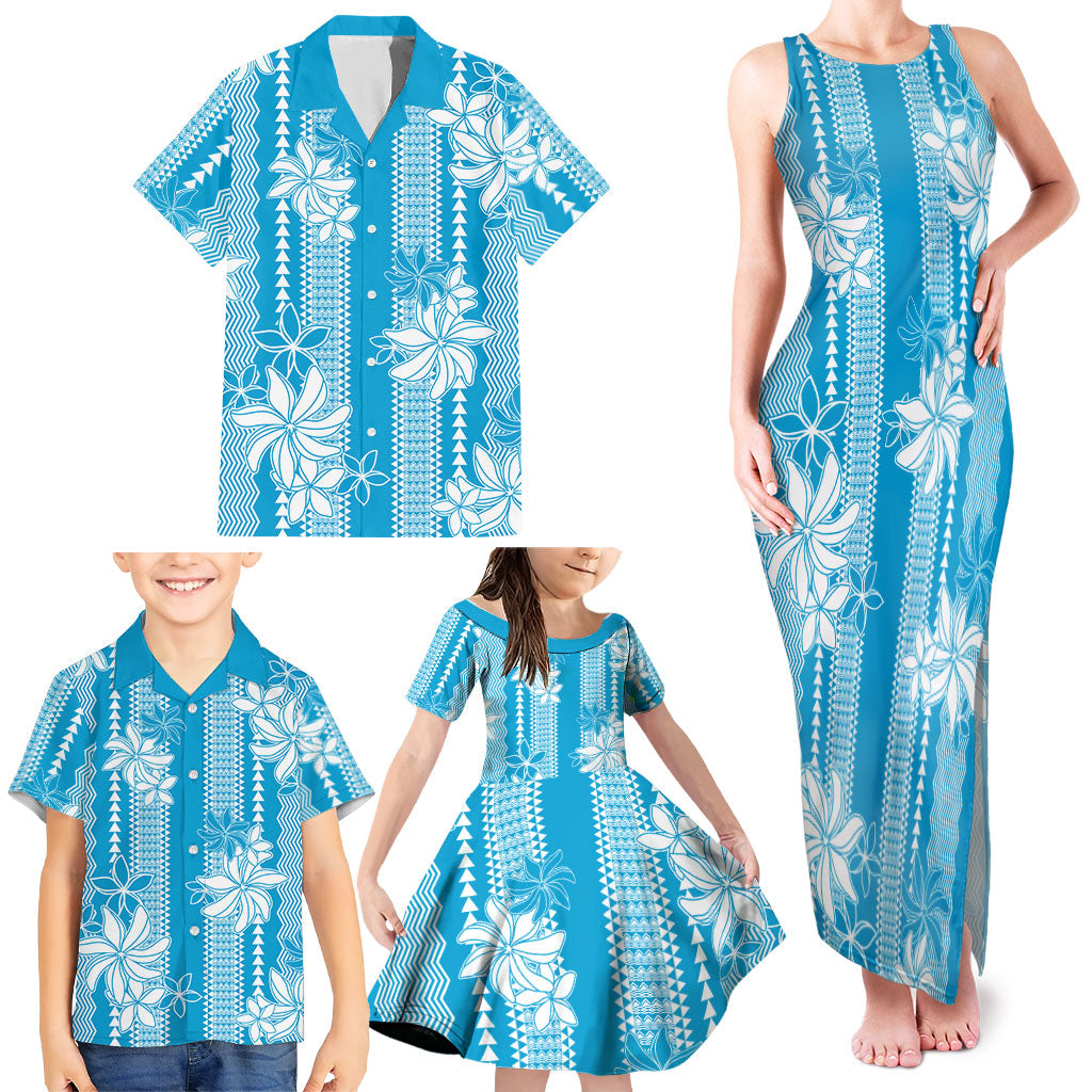 Hawaii Kakau Tribal Family Matching Tank Maxi Dress and Hawaiian Shirt With Blue Tiare