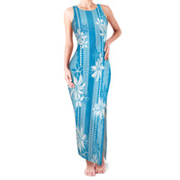 Hawaii Kakau Tribal Family Matching Tank Maxi Dress and Hawaiian Shirt With Blue Tiare