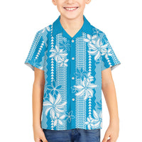 Hawaii Kakau Tribal Family Matching Tank Maxi Dress and Hawaiian Shirt With Blue Tiare