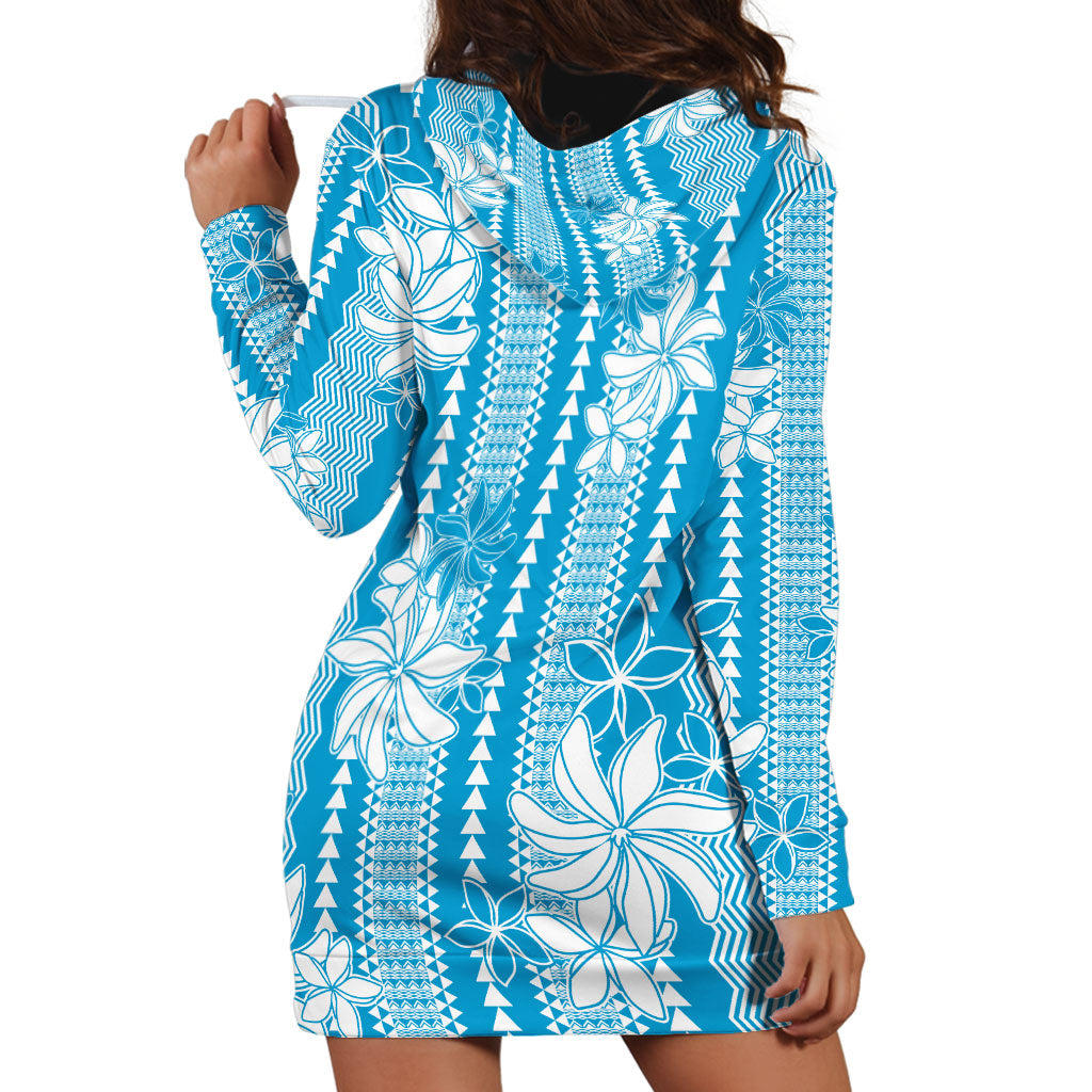 Hawaii Kakau Tribal Hoodie Dress With Blue Tiare