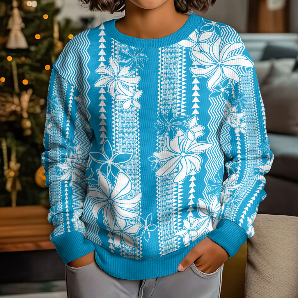 Hawaii Kakau Tribal Kid Ugly Christmas Sweater With Blue Tiare LT05 - Polynesian Pride