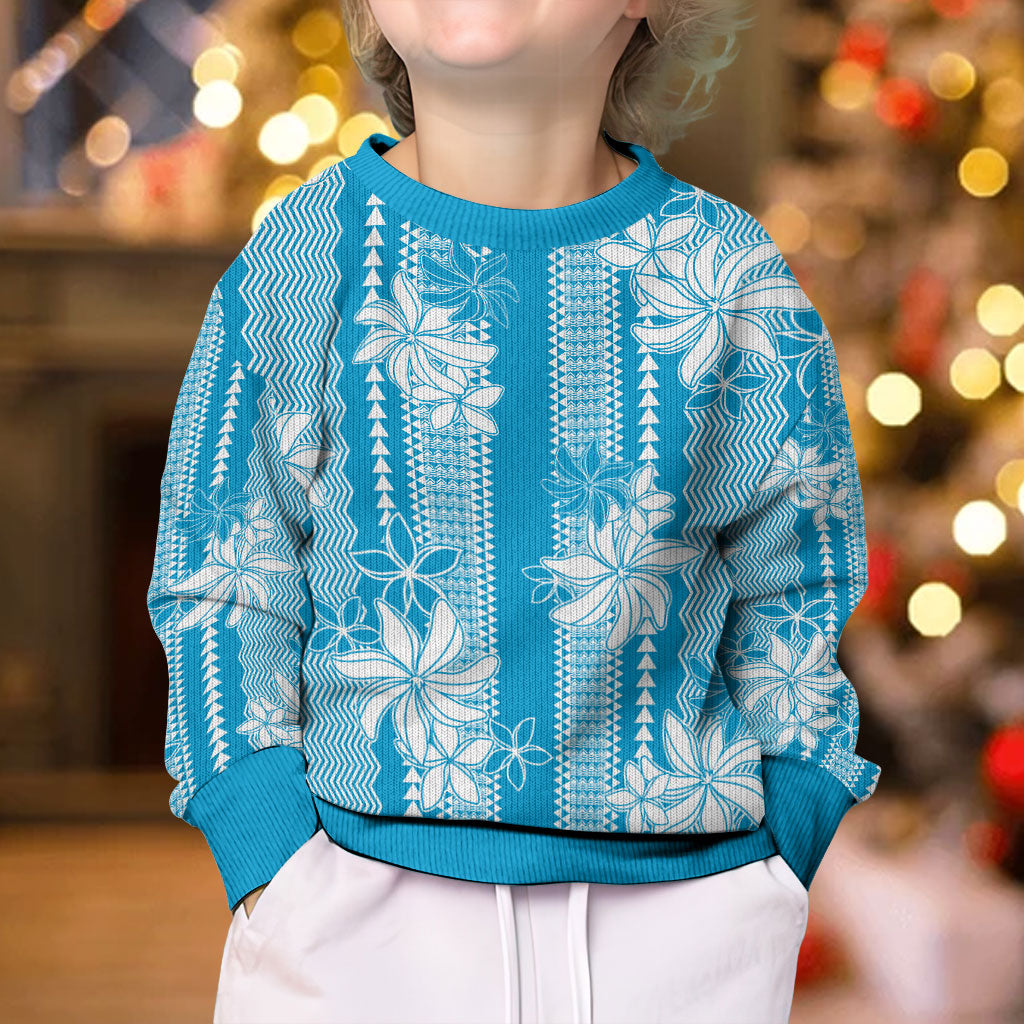Hawaii Kakau Tribal Kid Ugly Christmas Sweater With Blue Tiare LT05 - Polynesian Pride