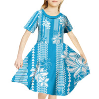 Hawaii Kakau Tribal Kid Short Sleeve Dress With Blue Tiare