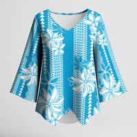 Hawaii Kakau Tribal Kimono Sleeve Blouse With Blue Tiare