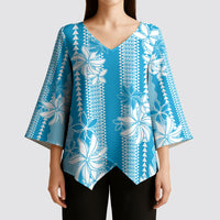Hawaii Kakau Tribal Kimono Sleeve Blouse With Blue Tiare