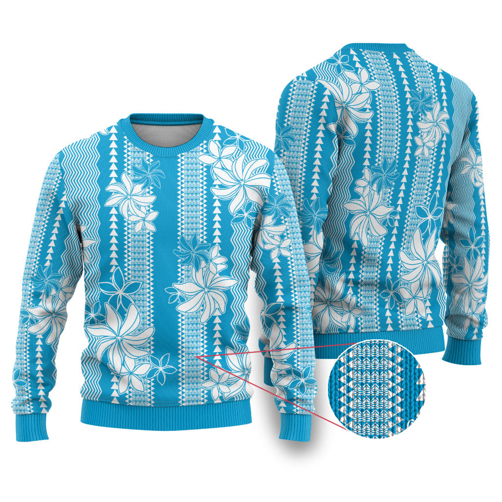 Hawaii Kakau Tribal Ugly Christmas Sweater With Blue Tiare LT05 Blue - Polynesian Pride