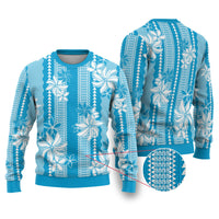 Hawaii Kakau Tribal Ugly Christmas Sweater With Blue Tiare LT05 Blue - Polynesian Pride