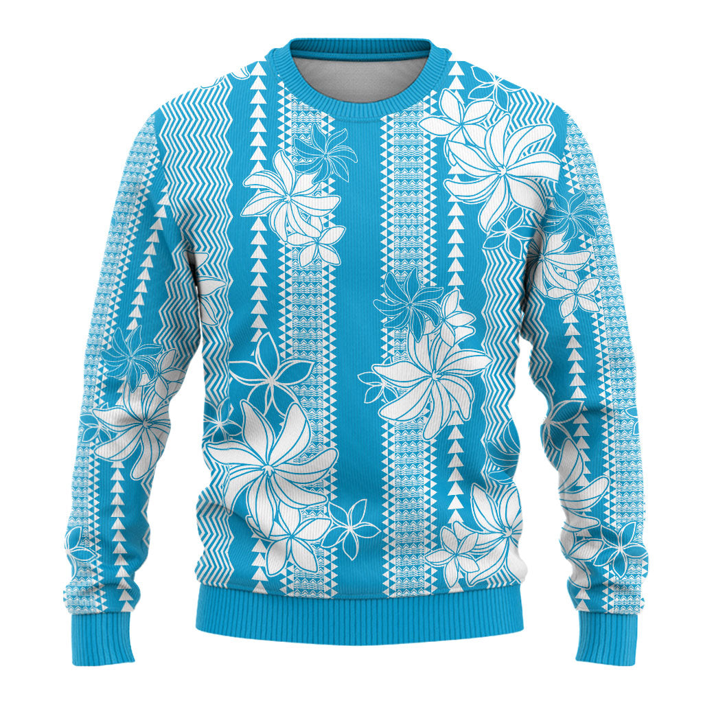 Hawaii Kakau Tribal Ugly Christmas Sweater With Blue Tiare LT05 - Polynesian Pride