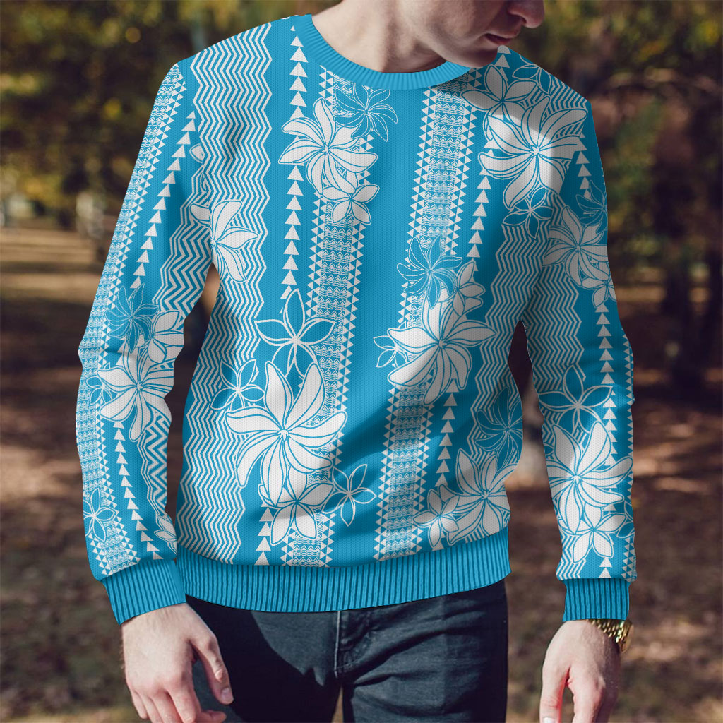 Hawaii Kakau Tribal Ugly Christmas Sweater With Blue Tiare LT05 - Polynesian Pride