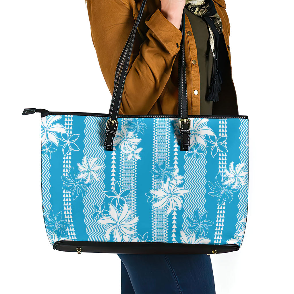 Hawaii Kakau Tribal Leather Tote Bag With Blue Tiare