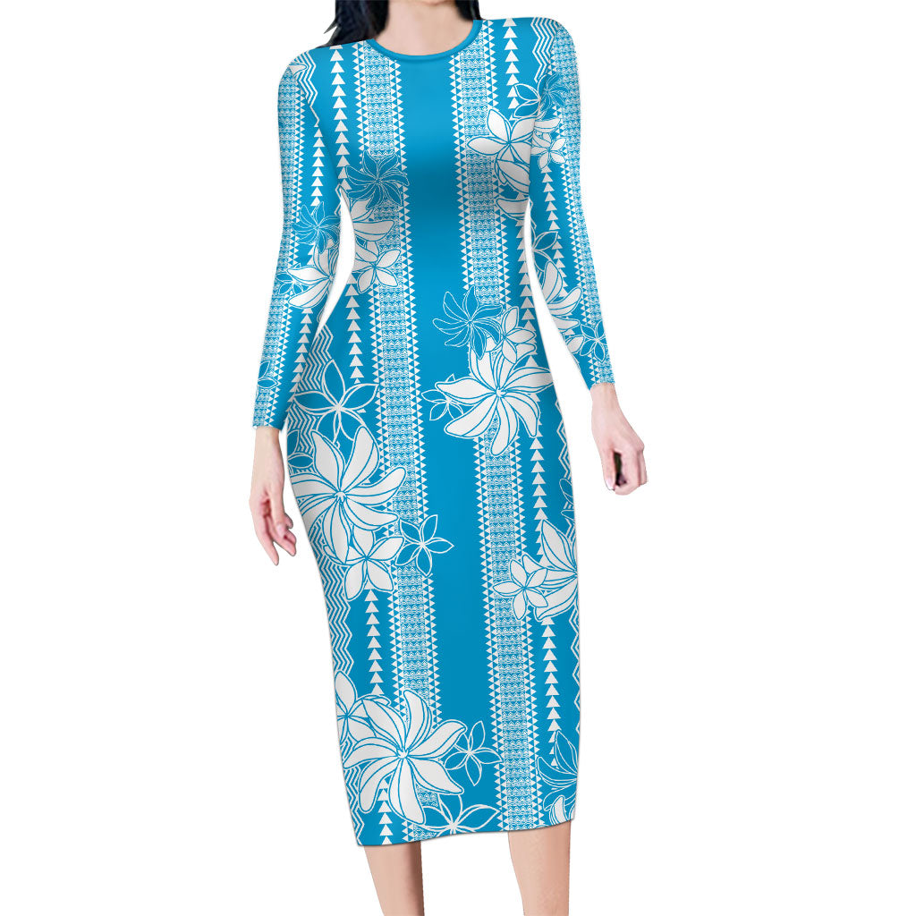 Hawaii Kakau Tribal Long Sleeve Bodycon Dress With Blue Tiare