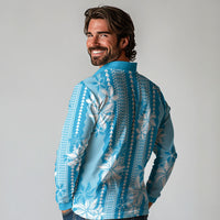 Hawaii Kakau Tribal Long Sleeve Polo Shirt With Blue Tiare