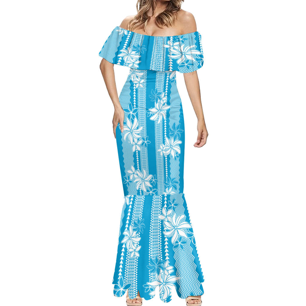 Hawaii Kakau Tribal Mermaid Dress With Blue Tiare