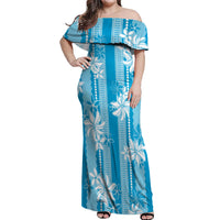 Hawaii Kakau Tribal Off Shoulder Maxi Dress With Blue Tiare
