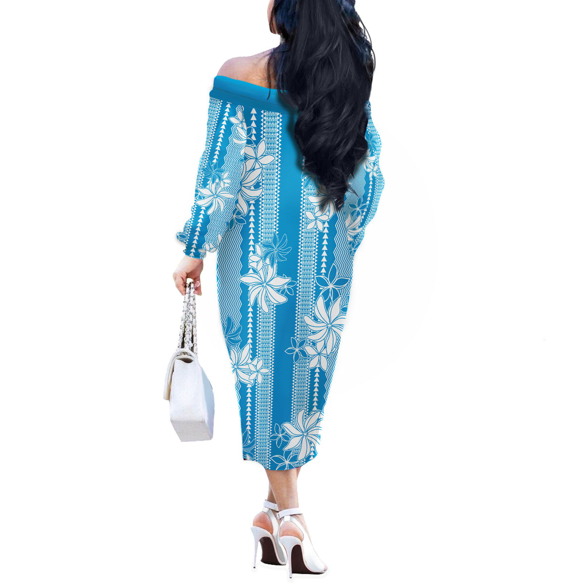 Hawaii Kakau Tribal Off The Shoulder Long Sleeve Dress With Blue Tiare