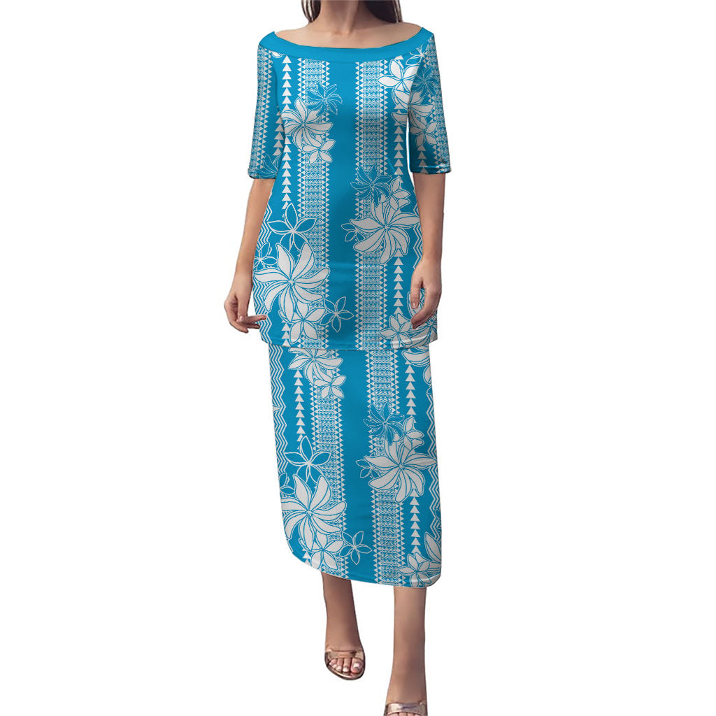 Hawaii Kakau Tribal Puletasi With Blue Tiare