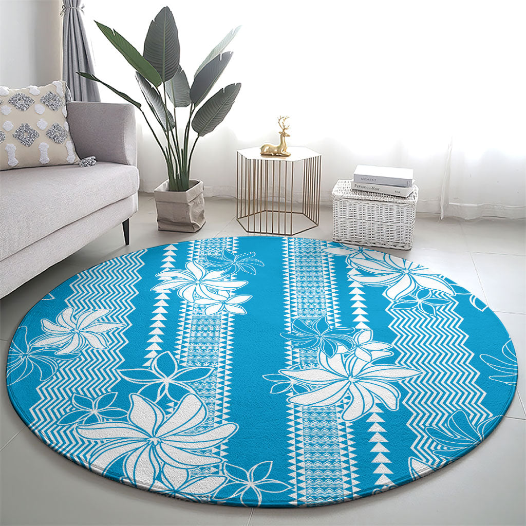 Hawaii Kakau Tribal Round Carpet With Blue Tiare