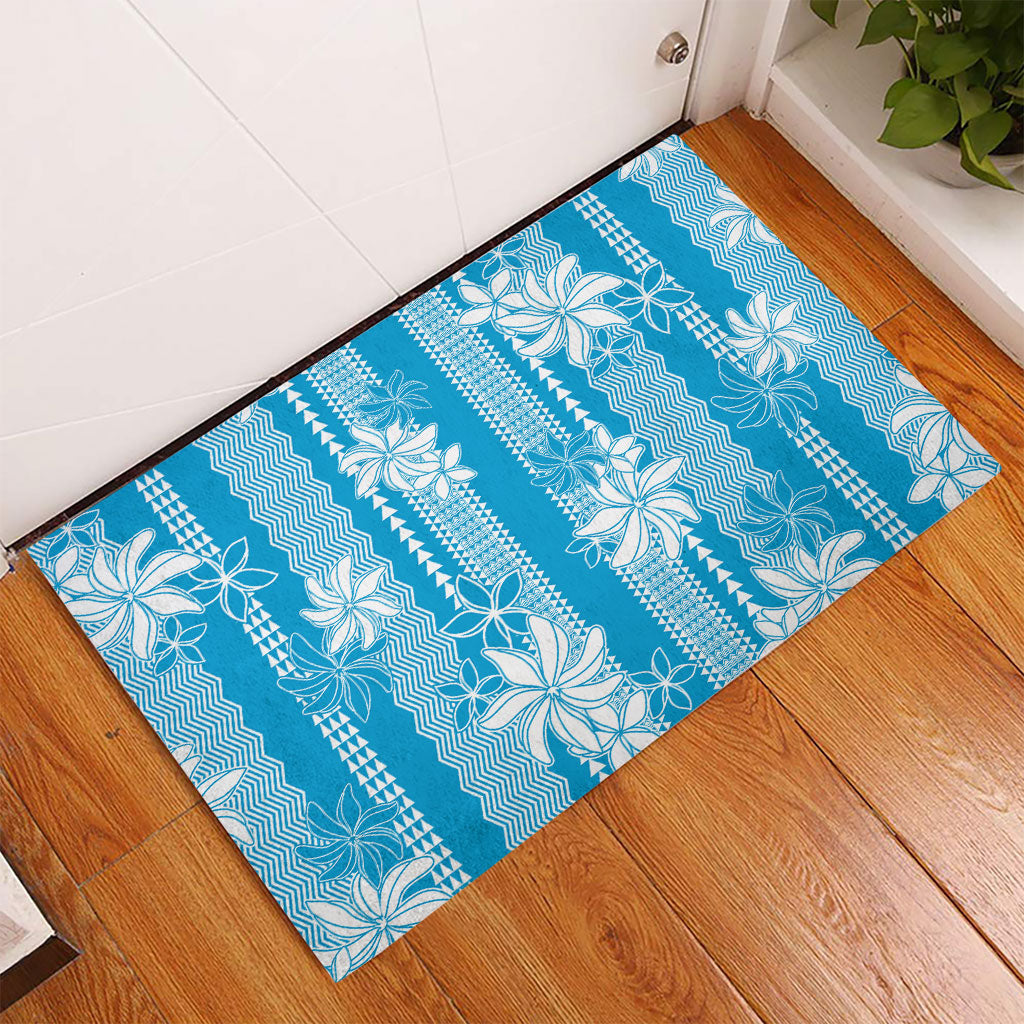 Hawaii Kakau Tribal Rubber Doormat With Blue Tiare