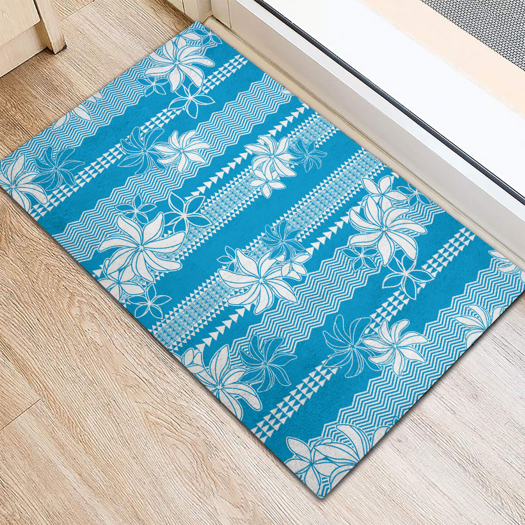 Hawaii Kakau Tribal Rubber Doormat With Blue Tiare