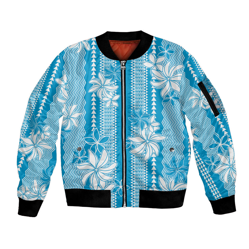 Hawaii Kakau Tribal Sleeve Zip Bomber Jacket With Blue Tiare