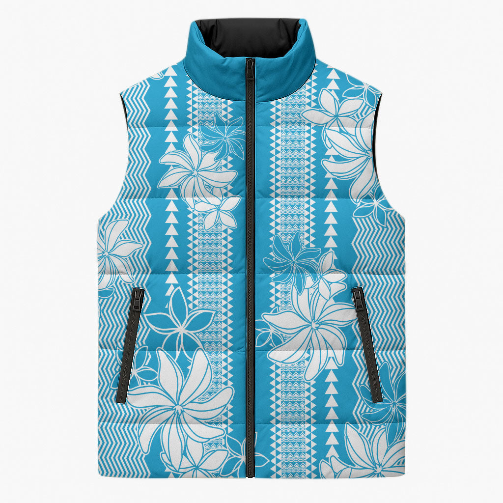 Hawaii Kakau Tribal Sleeveless Puffer Jacket With Blue Tiare