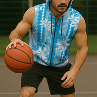 Hawaii Kakau Tribal Sleeveless Zip Hoodie With Blue Tiare