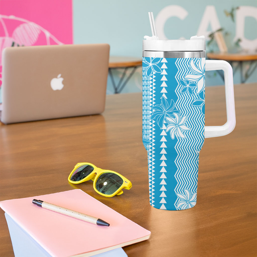 Hawaii Kakau Tribal Tumbler With Handle With Blue Tiare