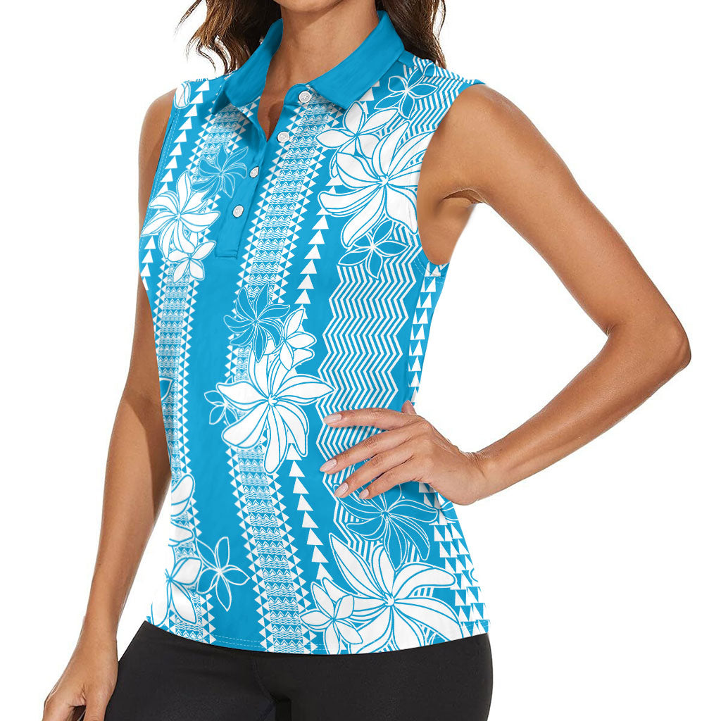 Hawaii Kakau Tribal Women Sleeveless Polo Shirt With Blue Tiare