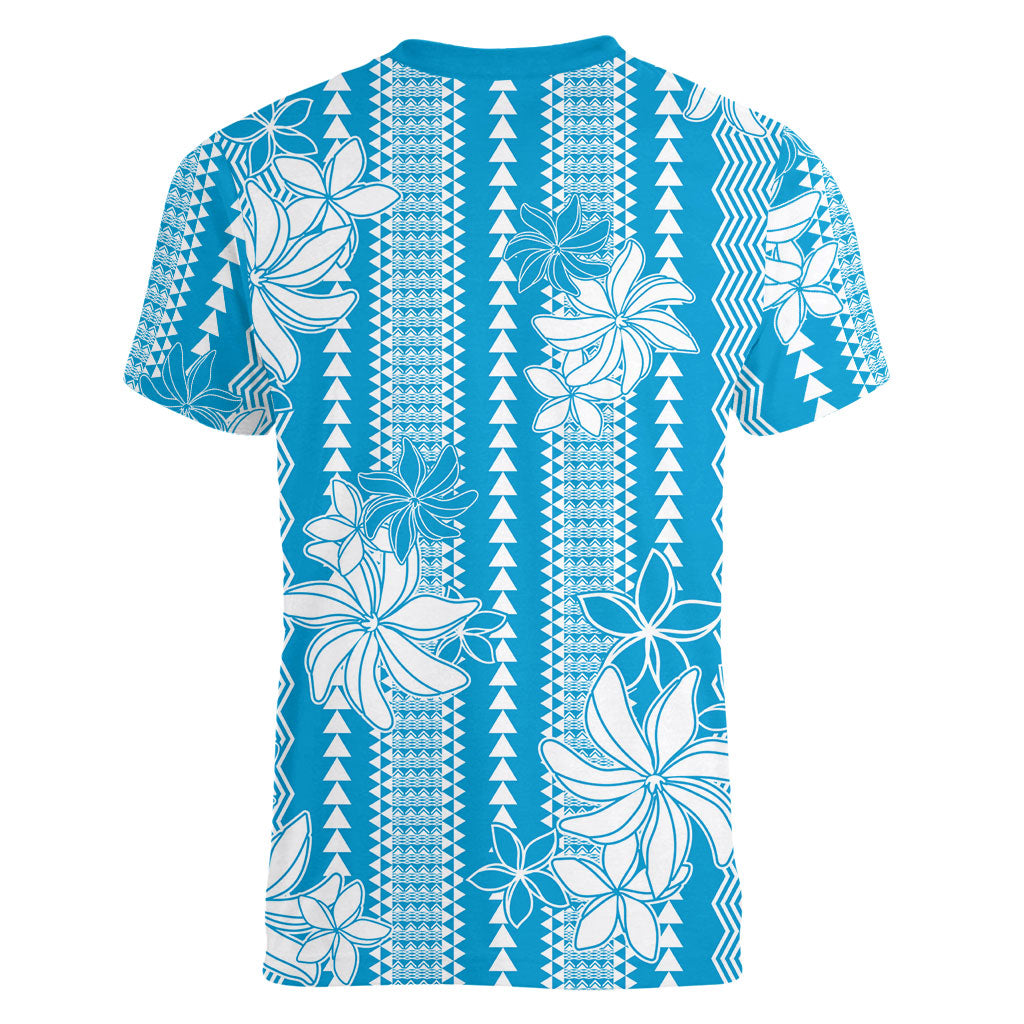 Hawaii Kakau Tribal Women V-Neck T-Shirt With Blue Tiare