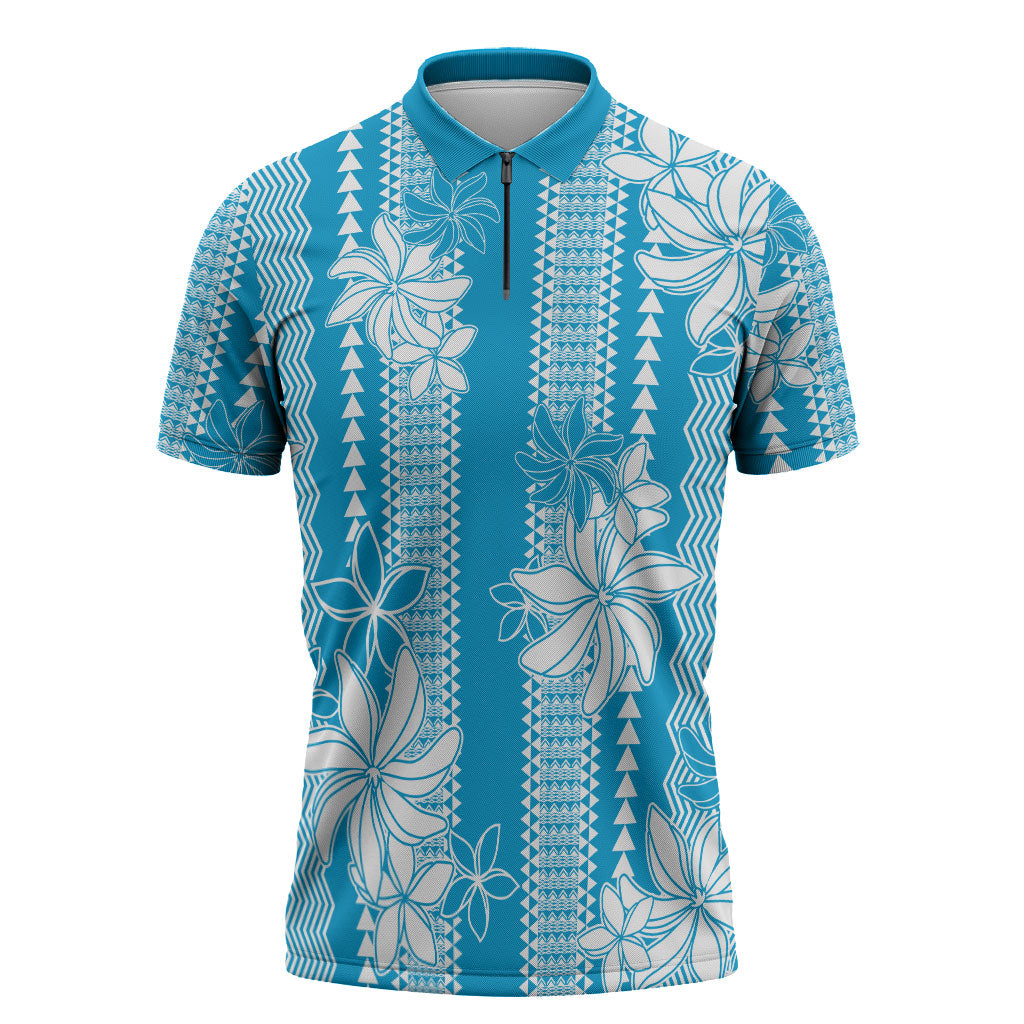 Hawaii Kakau Tribal Zipper Polo Shirt With Blue Tiare