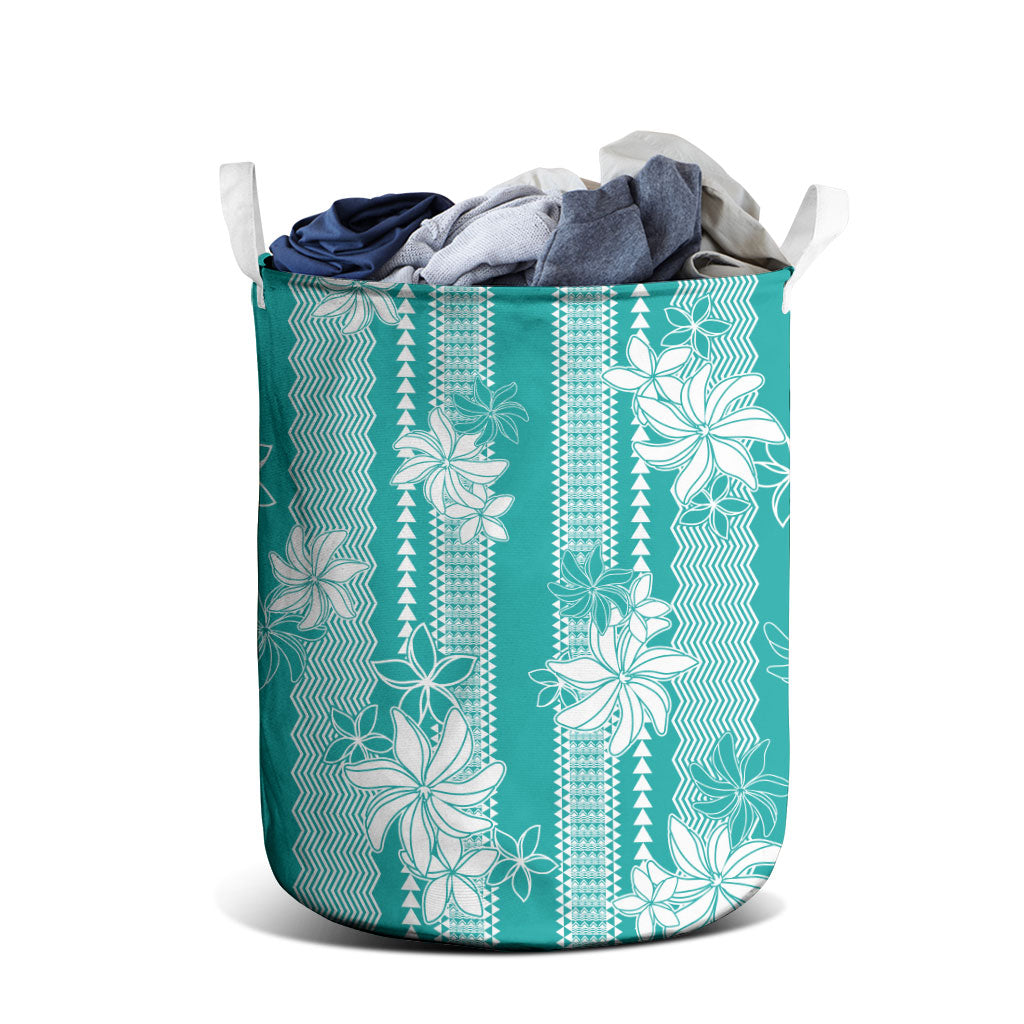 Hawaii Kakau Tribal Laundry Basket With Teal Tiare