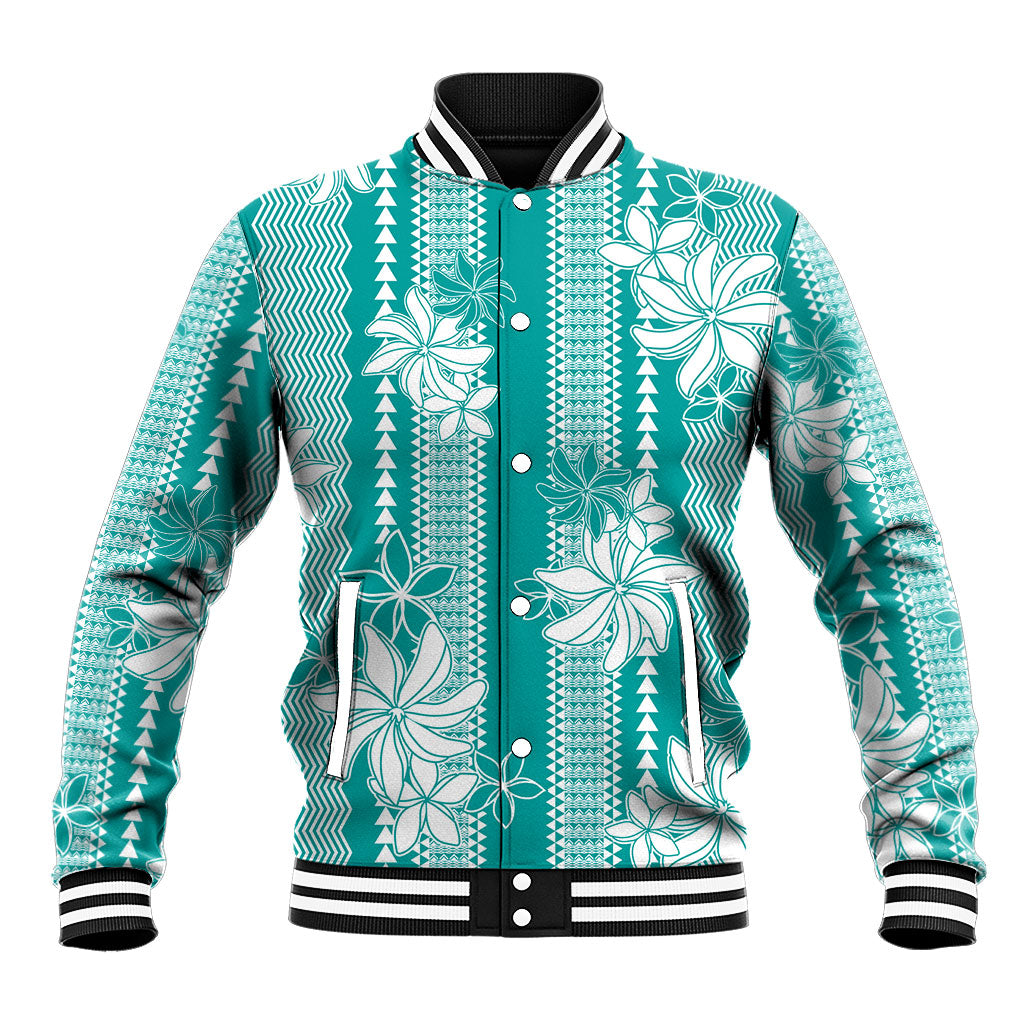 Hawaii Kakau Tribal Baseball Jacket With Teal Tiare