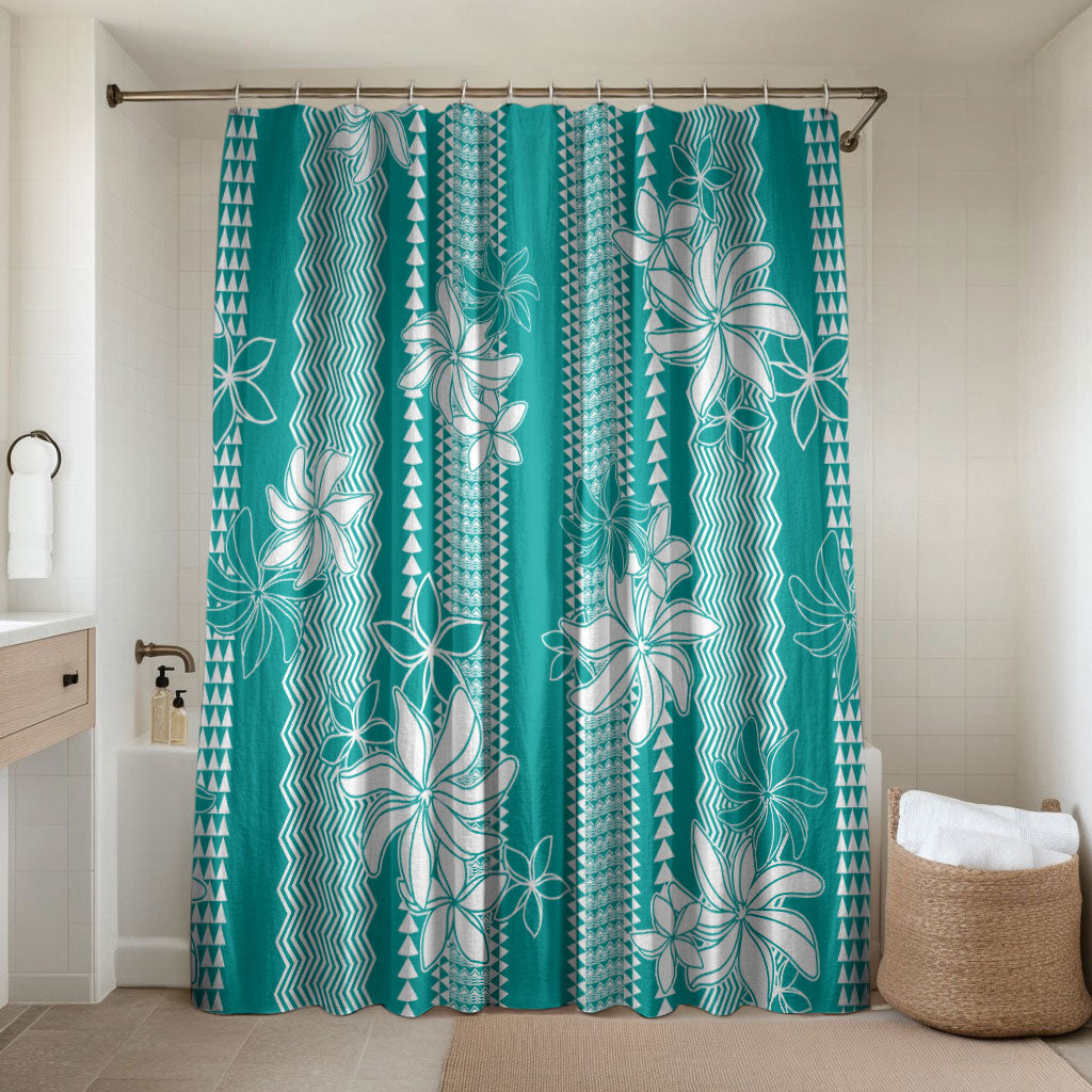 Hawaii Kakau Tribal Bathroom Set With Teal Tiare