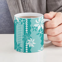 Hawaii Kakau Tribal Ceramic Mug With Teal Tiare