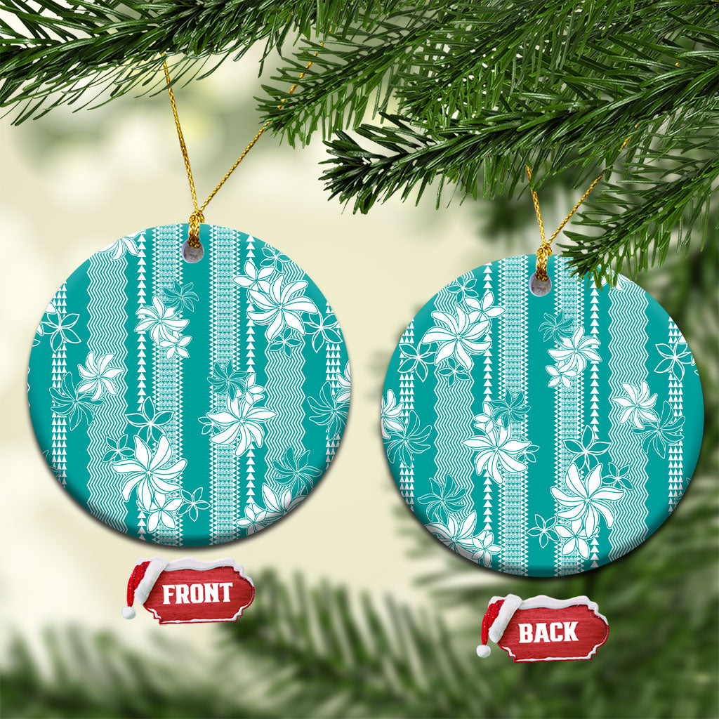 Hawaii Kakau Tribal Ceramic Ornament With Teal Tiare LT05 Circle Teal - Polynesian Pride