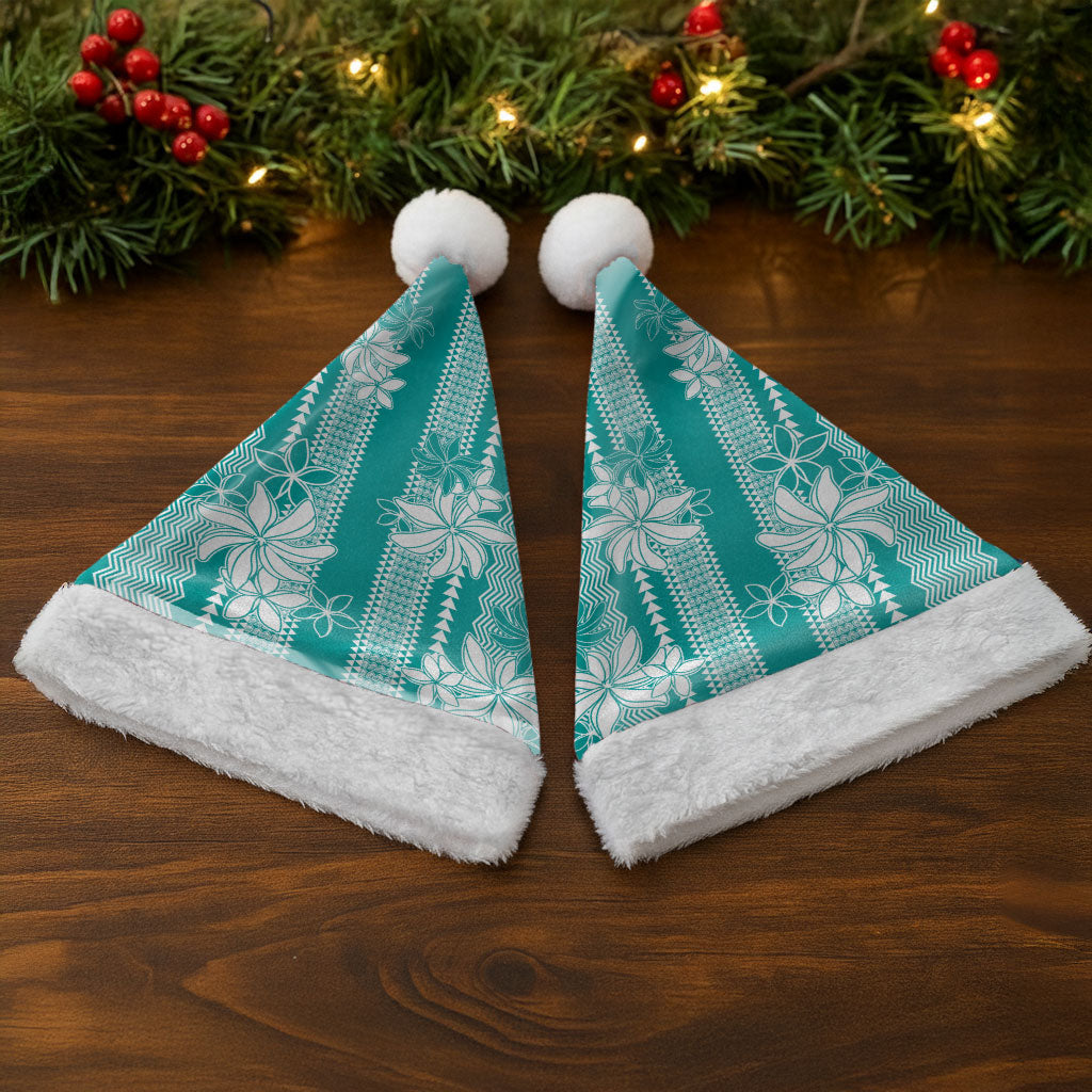 Hawaii Kakau Tribal Christmas Santa Hat With Teal Tiare LT05 - Polynesian Pride