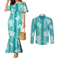 Hawaii Kakau Tribal Couples Matching Mermaid Dress and Long Sleeve Button Shirt With Teal Tiare