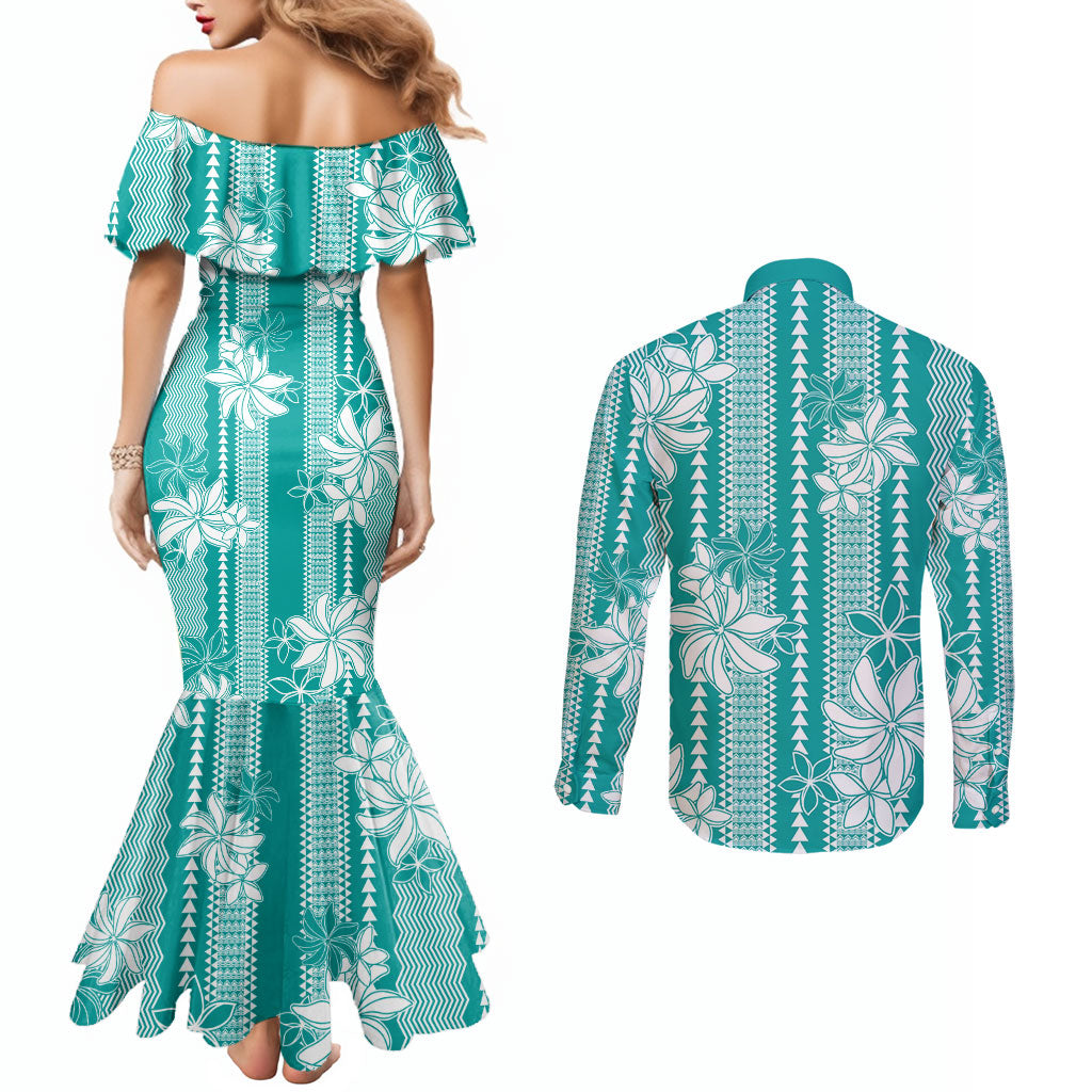Hawaii Kakau Tribal Couples Matching Mermaid Dress and Long Sleeve Button Shirt With Teal Tiare