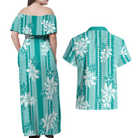 Hawaii Kakau Tribal Couples Matching Off Shoulder Maxi Dress and Hawaiian Shirt With Teal Tiare