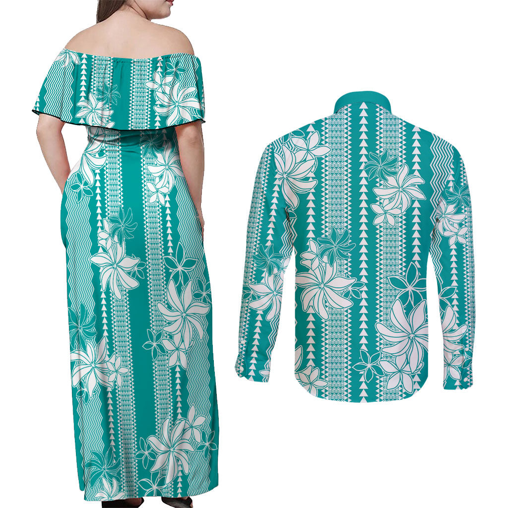 Hawaii Kakau Tribal Couples Matching Off Shoulder Maxi Dress and Long Sleeve Button Shirt With Teal Tiare