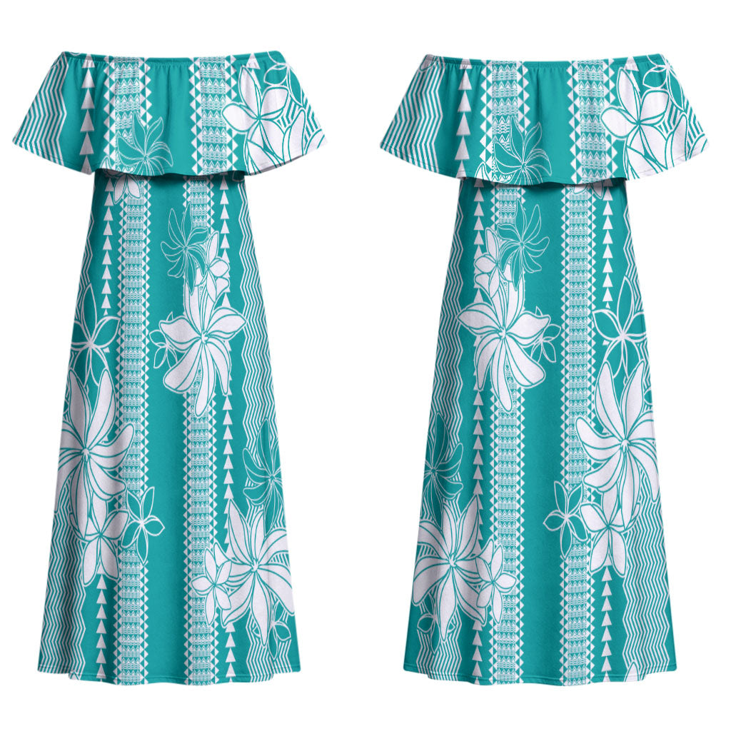 Hawaii Kakau Tribal Couples Matching Off Shoulder Maxi Dress and Long Sleeve Button Shirt With Teal Tiare LT05 - Polynesian Pride