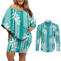 Hawaii Kakau Tribal Couples Matching Off Shoulder Short Dress and Long Sleeve Button Shirt With Teal Tiare
