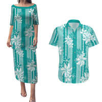 Hawaii Kakau Tribal Couples Matching Puletasi and Hawaiian Shirt With Teal Tiare
